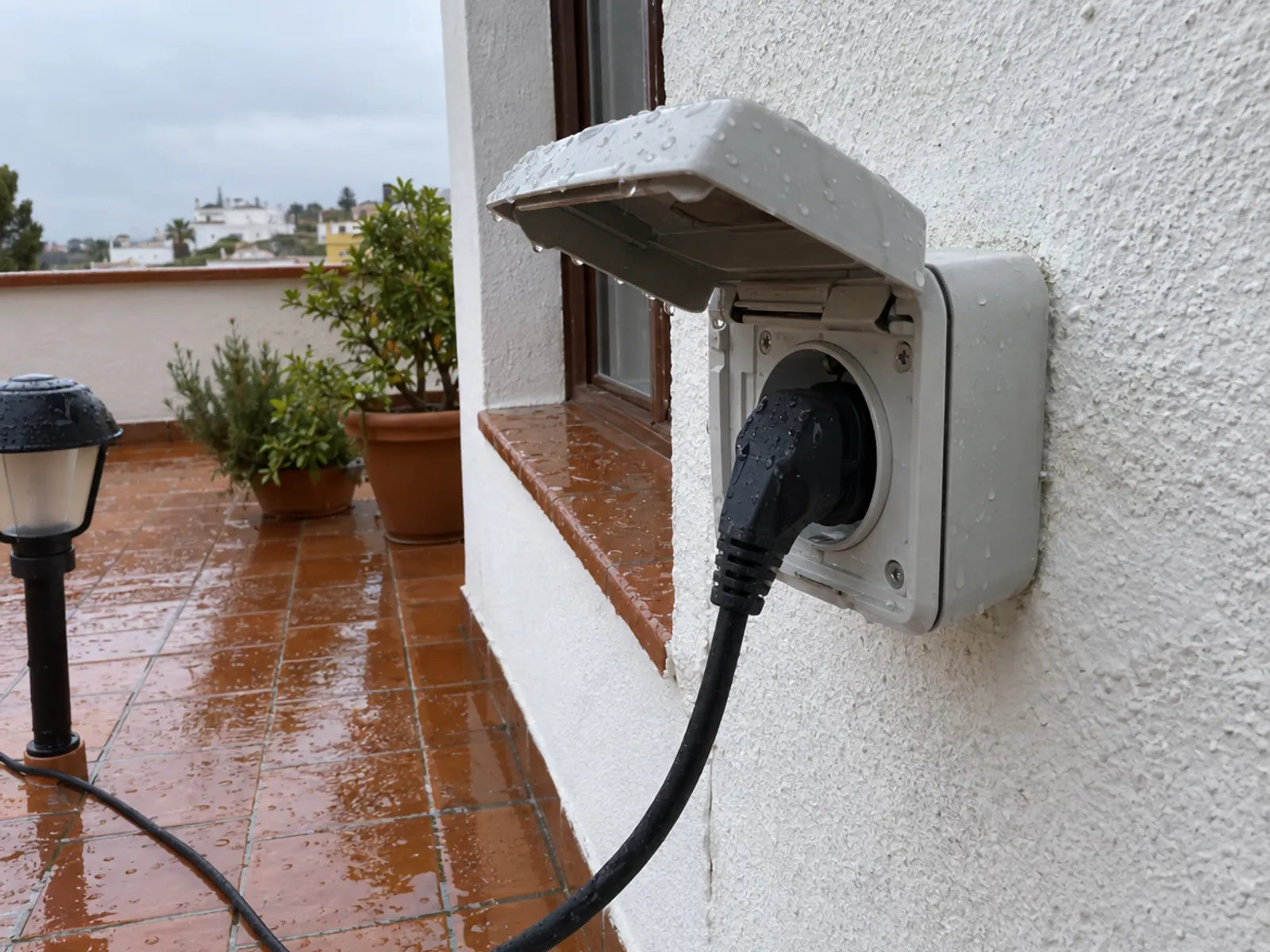 Enchufe estanco con tapa abatible en la fachada de una terraza mojada por la lluvia, con el cable de una farola de jardín conectado
