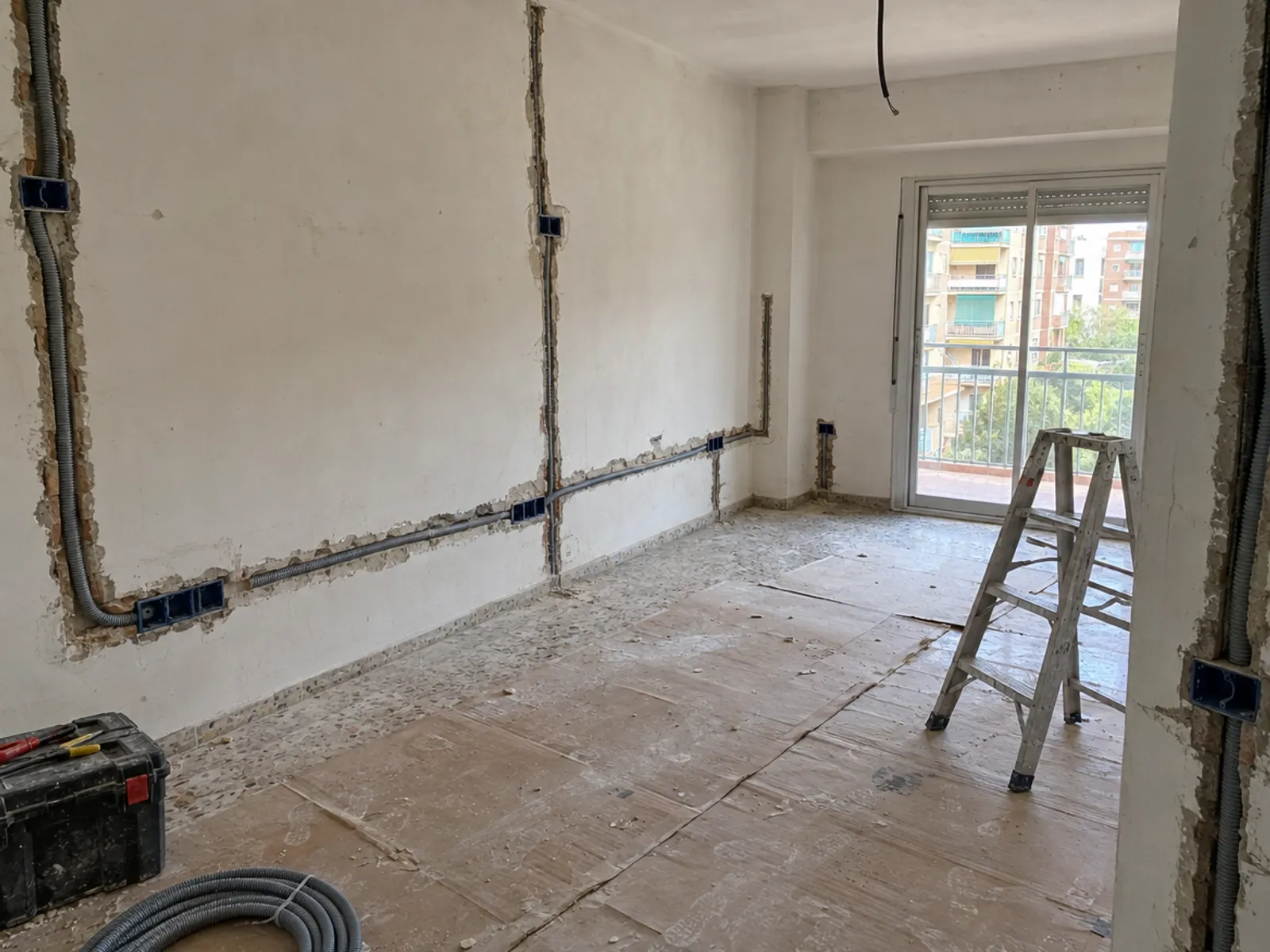 Salón vacío de un piso en obra con rozas abiertas en las paredes, tubo corrugado gris, cajas empotradas, escalera y suelo protegido con cartón