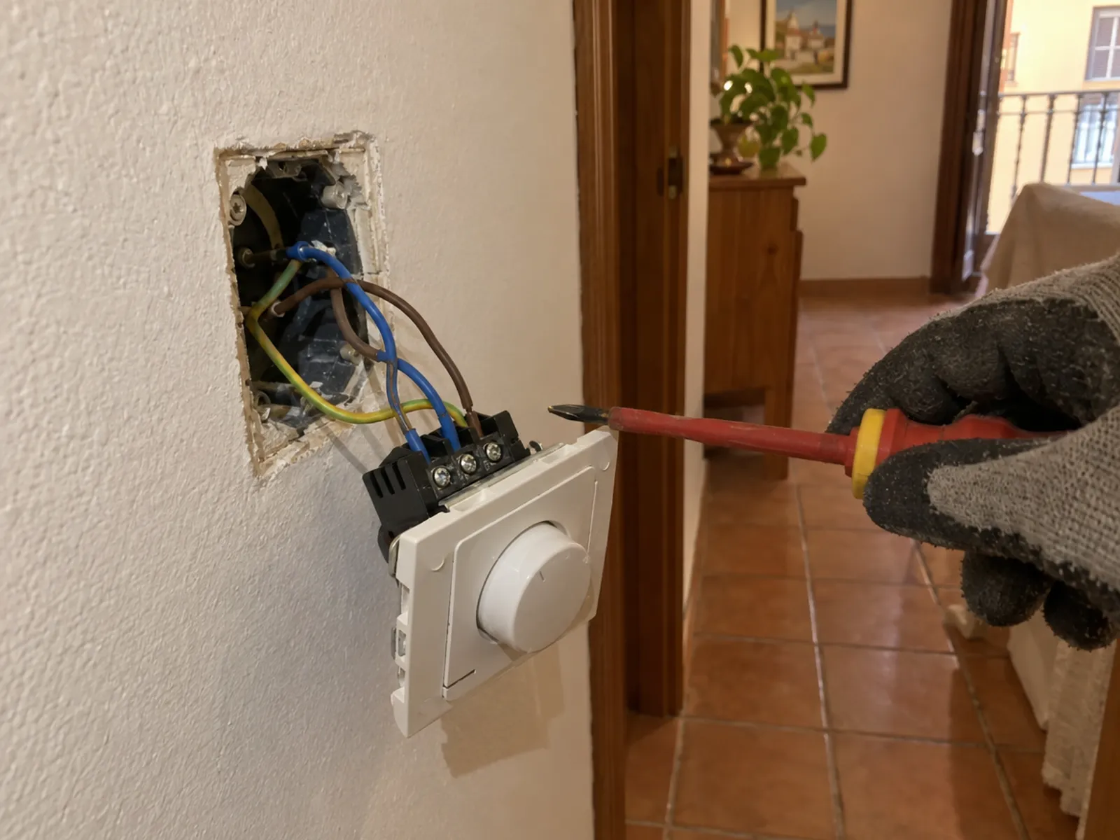 Regulador de luz giratorio desmontado y colgando de sus cables fuera de la caja de pared, con una mano enguantada acercando un destornillador aislado