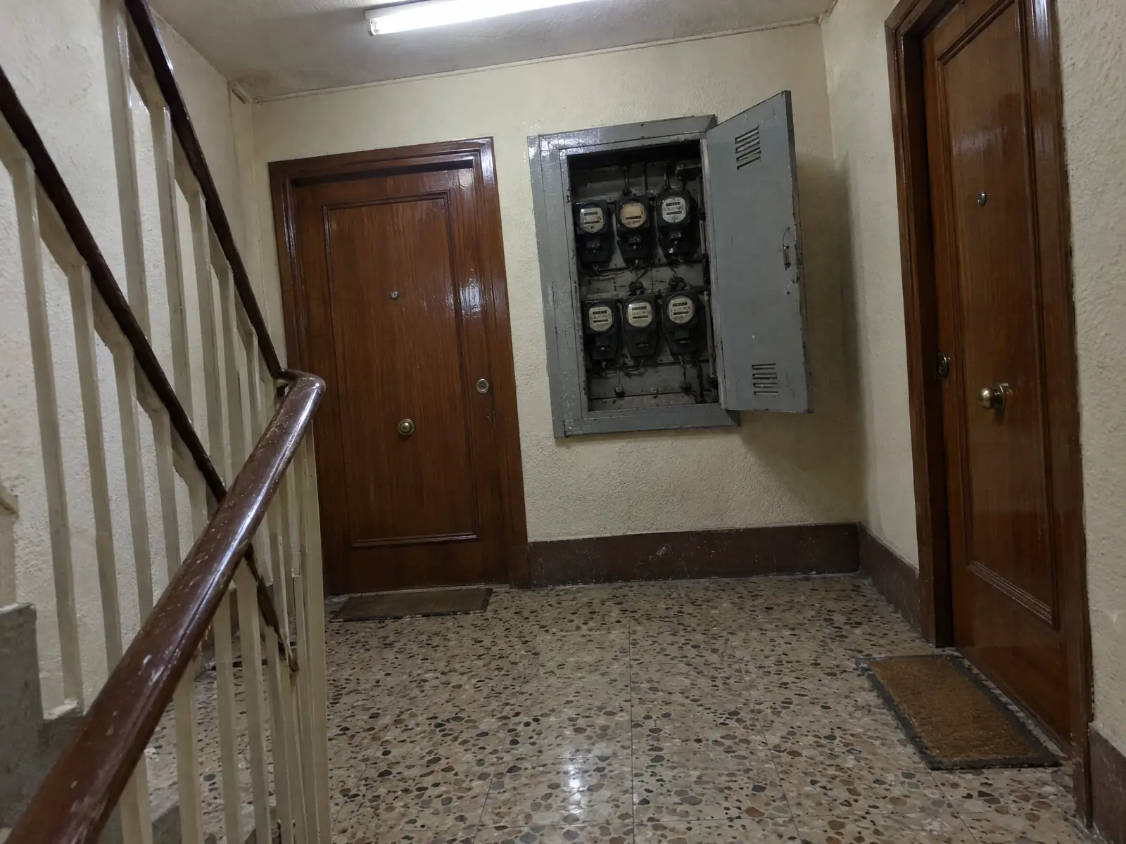 Rellano de un bloque antiguo con suelo de terrazo, puertas de madera y un armario de chapa abierto con contadores de disco